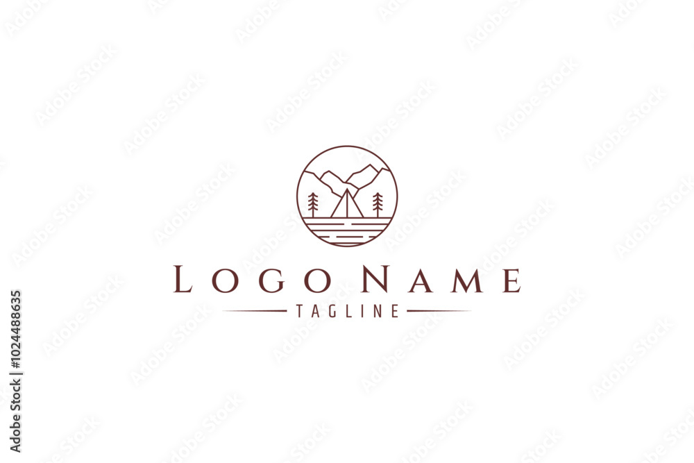 Camping logo in nature with rocky cliffs in line art design style Camping logo in nature with rocky cliffs in line art design style
