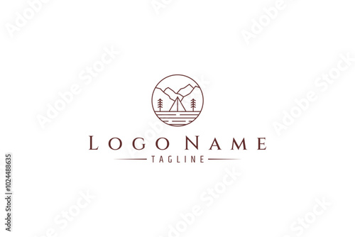 Camping logo in nature with rocky cliffs in line art design style