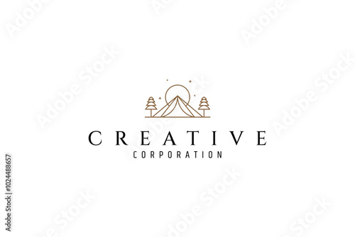 Camping logo in nature with moon and stars in line art design style