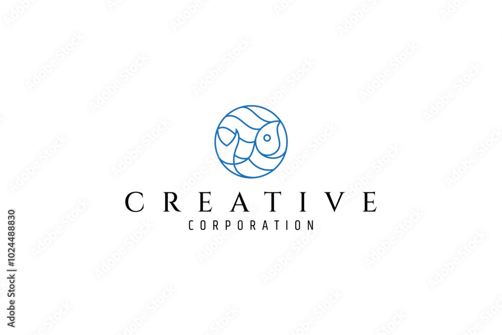 fish logo with waves in circle shape in blue line art design style fish logo with waves in circle shape in blue line art design style