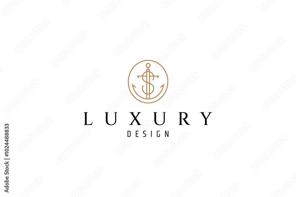 Obraz premium sailor ship anchor logo with letter S combination in line art design style