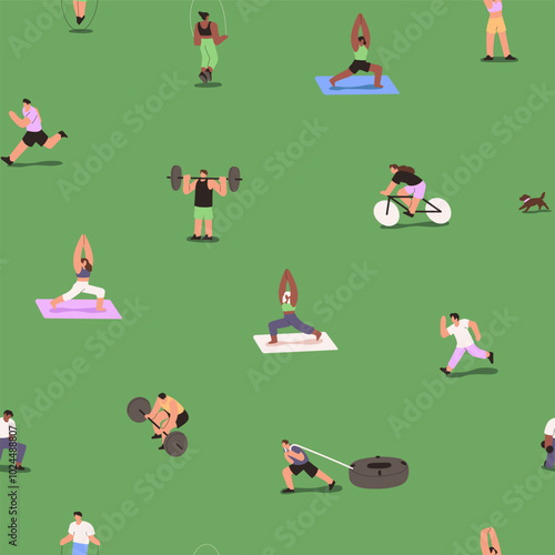 People training outdoors endless background. Repeatable pattern of athletes do strength exercises during sport workout in park. Men and women practice yoga, fitness. Flat seamless vector illustration