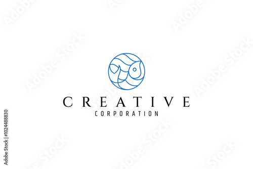 Canvas Print fish logo with waves in circle shape in blue line art design style