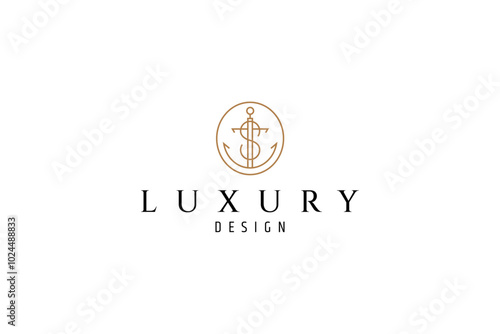 sailor ship anchor logo with letter S combination in line art design style