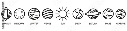 Set of Solar system planets icons.  Isolated on white background. Line style. Sun and planets. Vector Illustration. Mars, Jupiter, Earth and other.