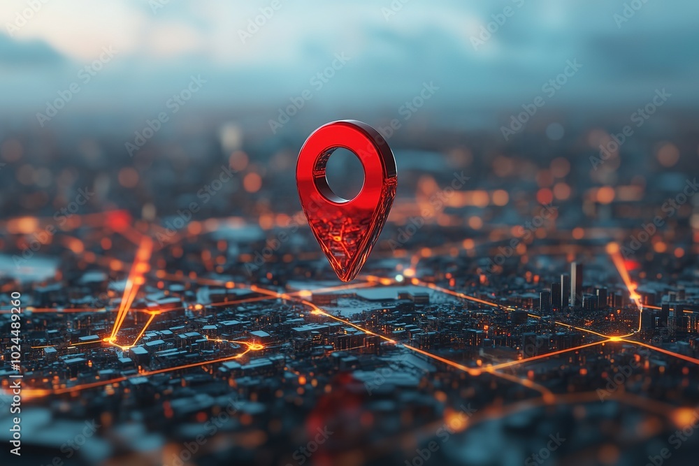 Cityscape with a Striking Red Map Pin and Network Connectivity Icons for Modern Navigation Cityscape with a Striking Red Map Pin and Network Connectivity Icons for Modern Navigation
