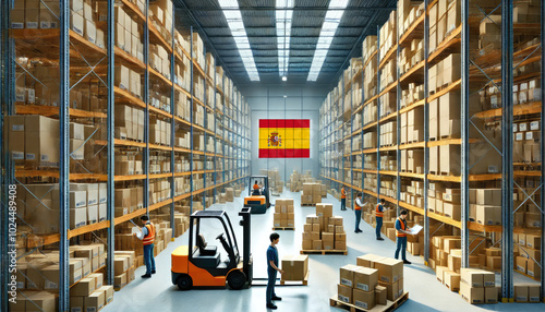 Workers and forklifts organize boxes in a large Spain warehouse, reflecting logistics, commerce, and efficient supply chain operations