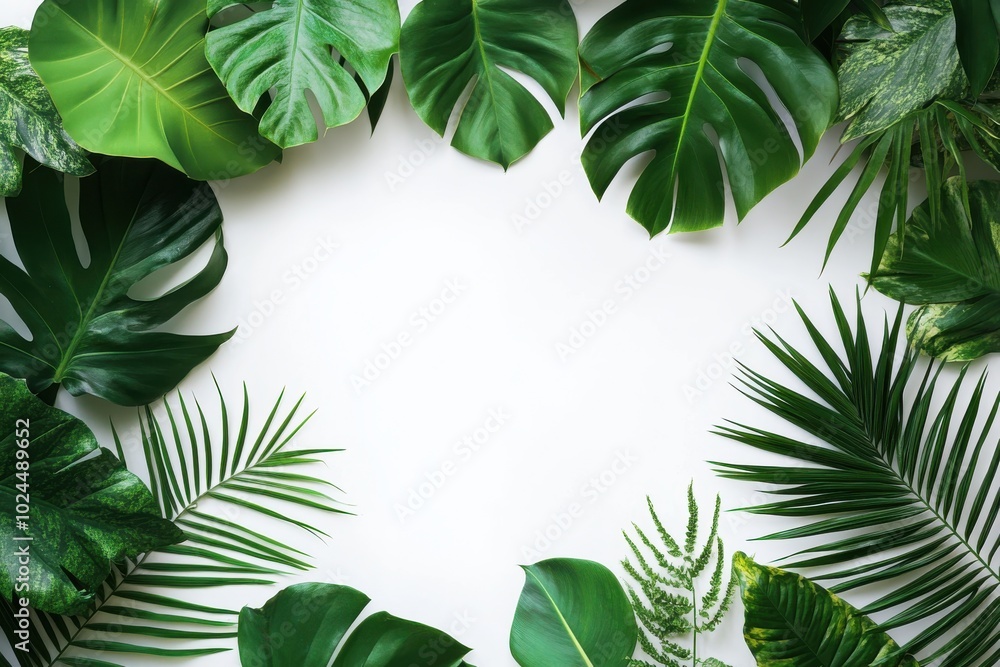 A white background with tropical leaves frame A white background with tropical leaves frame