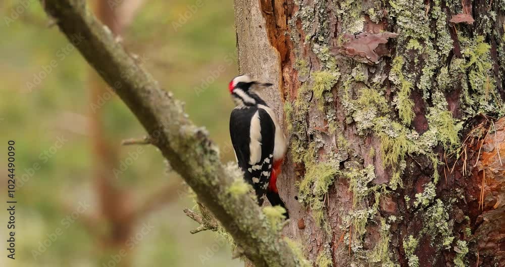 Great spotted woodpecker bird on a tree looking for food. Great spotted woodpecker (Dendrocopos major) is a medium-sized woodpecker with pied black and white plumage and a red patch on the lower belly Great spotted woodpecker bird on a tree looking for food. Great spotted woodpecker (Dendrocopos major) is a medium-sized woodpecker with pied black and white plumage and a red patch on the lower belly