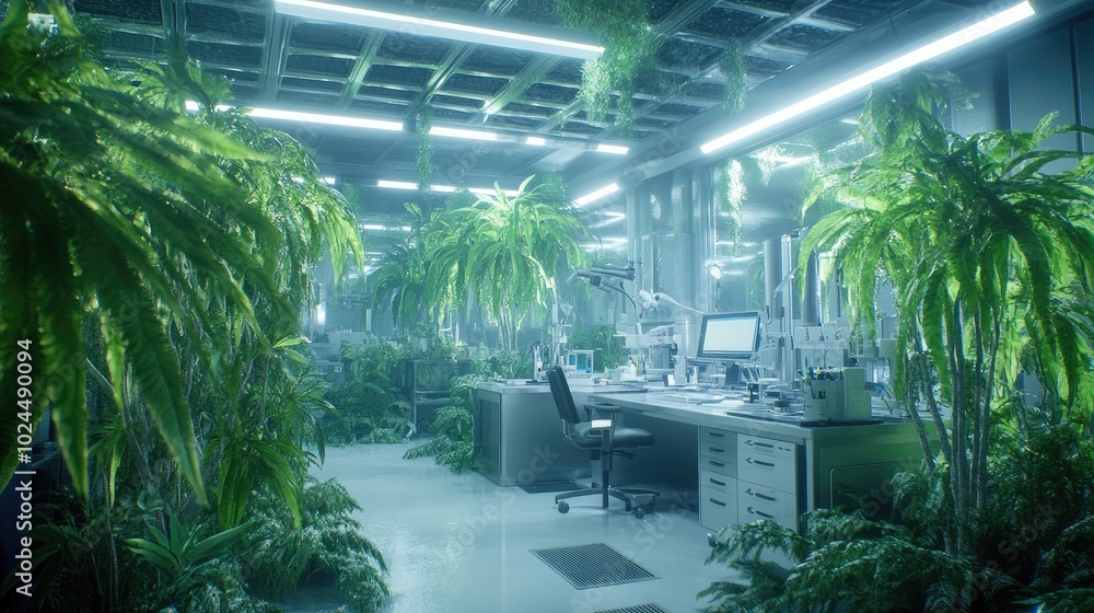 Fototapeta premium Modern lab interior with herbs and plant samples on the workbench, scientific instruments nearby, highlighting the study of plant-based science and innovation.