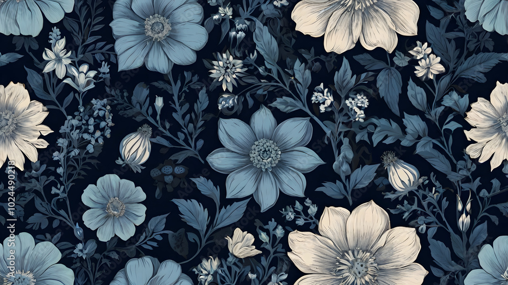 Seamless floral pattern featuring a variety of flowers in soft blue tones, ideal for fabric design, wallpaper, or background applications Seamless floral pattern featuring a variety of flowers in soft blue tones, ideal for fabric design, wallpaper, or background applications