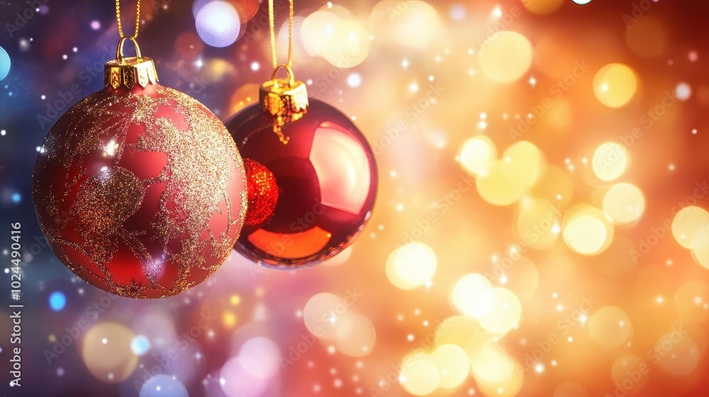 Fototapeta premium Festive Christmas Ornaments Hanging on Blurred Lights Background
