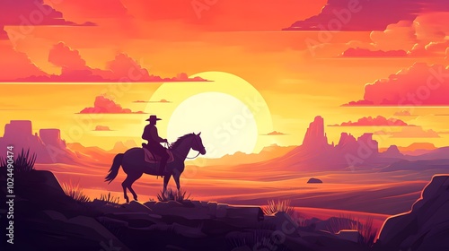 A flat vector illustration of a cowboy riding a horse in a desert landscape, with a sunset in the background