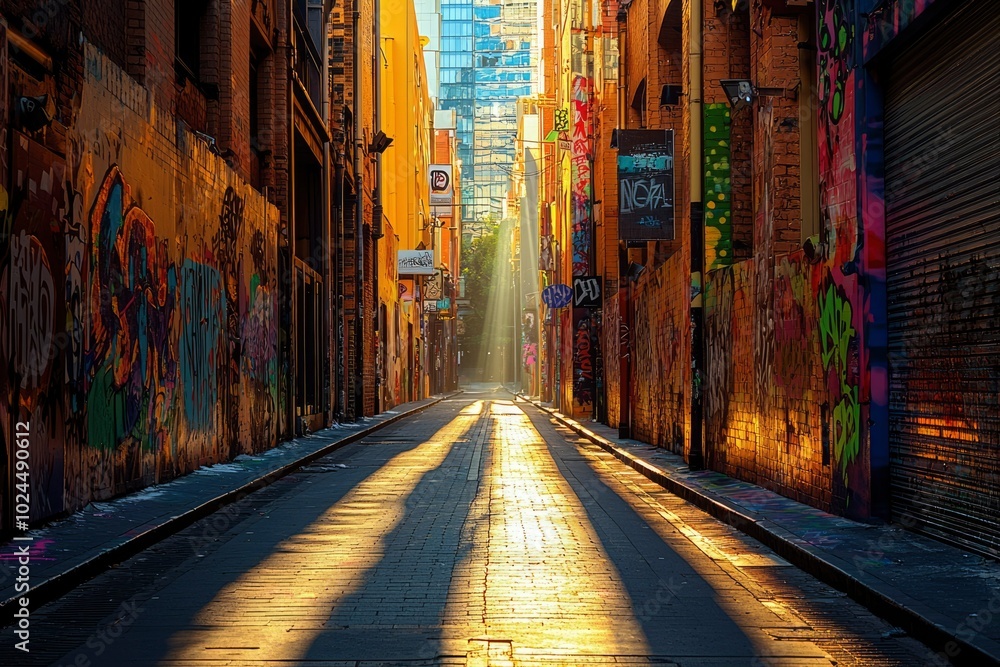 Sunbeams Illuminate a Graffiti-Covered Brick Alleyway Sunbeams Illuminate a Graffiti-Covered Brick Alleyway