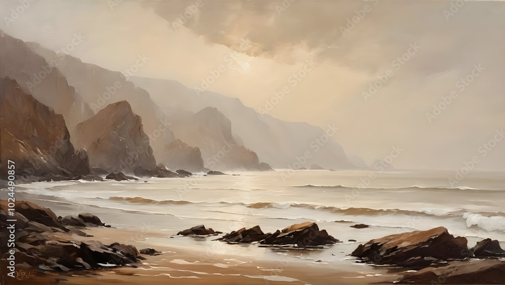 Obraz premium waves crashing on rocks, impressionist seascape in soft beige and grey serene and contemplative