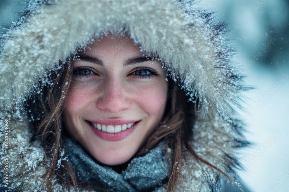 A woman dressed warmly in a fur-lined hood smiles brightly at the camera A woman dressed warmly in a fur-lined hood smiles brightly at the camera