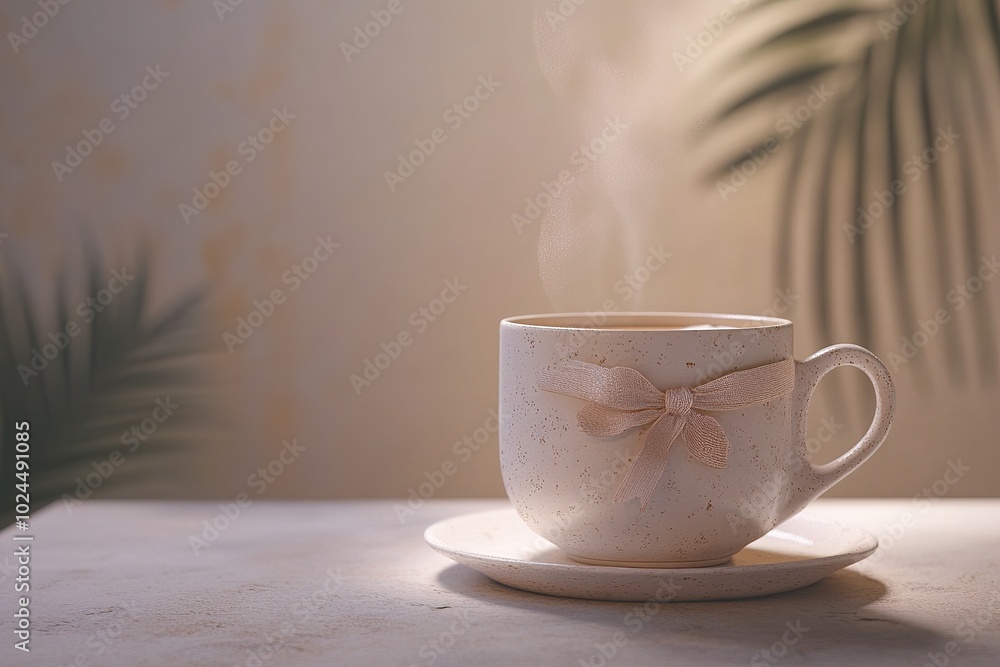 Hot Coffee in a Ceramic Cup Accented with a Bow Perfect for a Thoughtful Gift Hot Coffee in a Ceramic Cup Accented with a Bow Perfect for a Thoughtful Gift