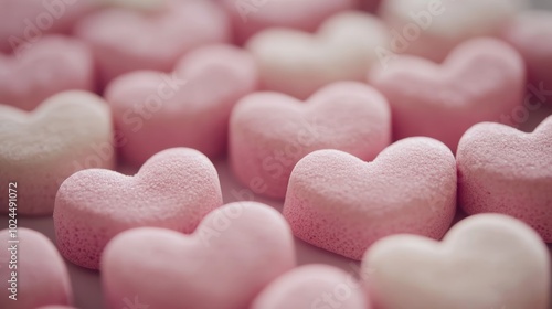 Sweet valentine's delight, a closeup of pink and white heartshaped marshmallows photo