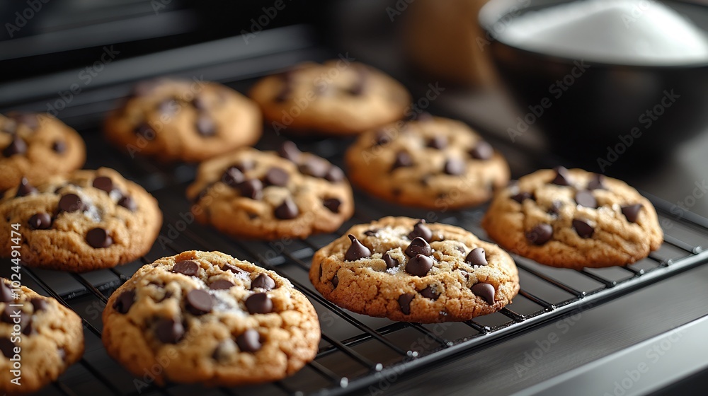 Chocolate chip cookies cooling the oven surrounded by chocolate chips and a bowl of sugar creating a classic and comforting dessert perfect for any occasion Chocolate chip cookies cooling the oven surrounded by chocolate chips and a bowl of sugar creating a classic and comforting dessert perfect for any occasion