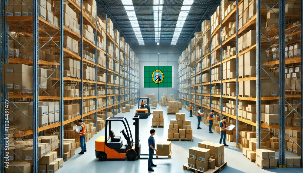 Workers and forklifts organize boxes in a large Washington warehouse, reflecting logistics, commerce, and efficient supply chain operations Workers and forklifts organize boxes in a large Washington warehouse, reflecting logistics, commerce, and efficient supply chain operations