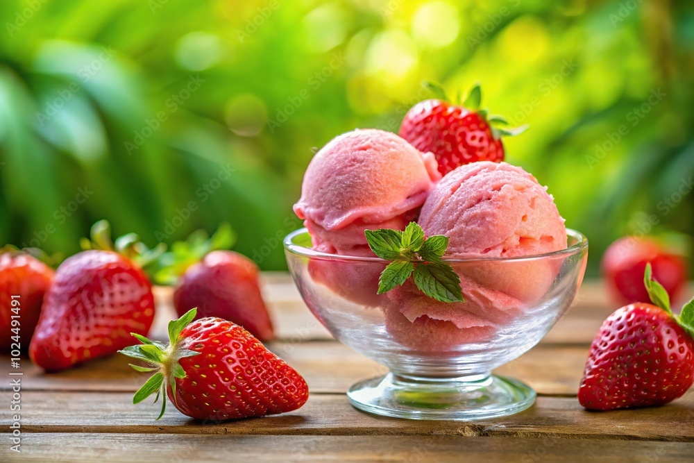 Macro pink gelato with strawberries in glass bowl on summer garden background Macro pink gelato with strawberries in glass bowl on summer garden background