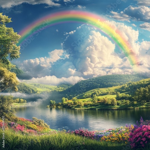 Vibrant rainbow over a scenic forest lake 