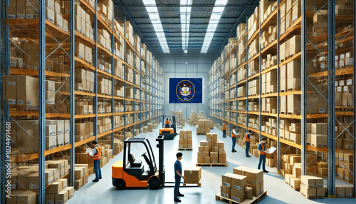 Workers and forklifts organize boxes in a large Utah warehouse, reflecting logistics, commerce, and efficient supply chain operations