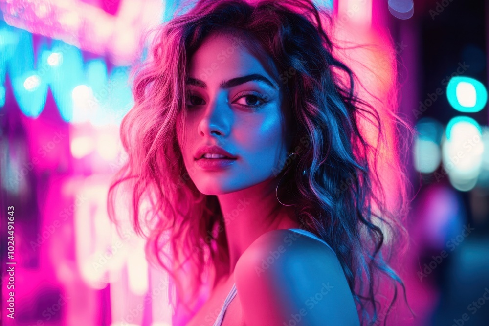 A woman with wavy hair poses confidently under vibrant pink and blue neon lights, exuding energy A woman with wavy hair poses confidently under vibrant pink and blue neon lights, exuding energy