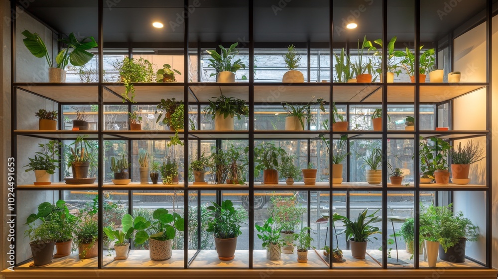 A Window Display of Various Plants in Pots on Wooden Shelves A Window Display of Various Plants in Pots on Wooden Shelves