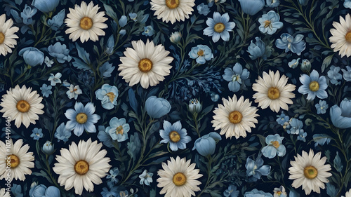 Seamless floral pattern featuring a variety of flowers in soft blue tones, ideal for fabric design, wallpaper, or background applications