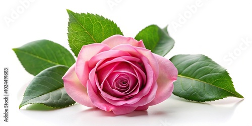 Macro pink rose with leaves on white background