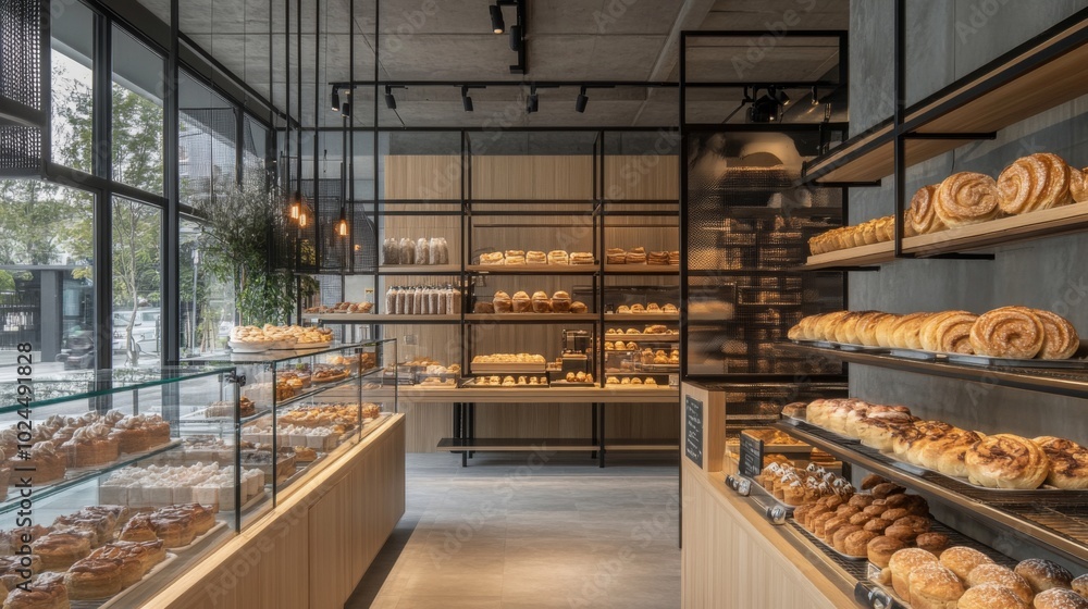 Modern Bakery Interior with Glass Display Cases and Freshly Baked Goods Modern Bakery Interior with Glass Display Cases and Freshly Baked Goods