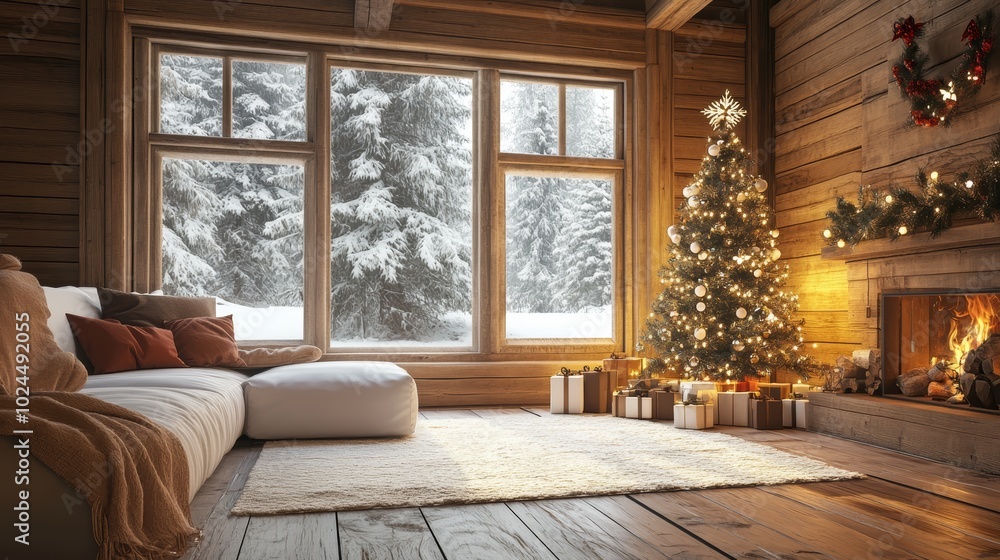 A festive glow, christmas tree illuminates cozy living room setting A festive glow, christmas tree illuminates cozy living room setting