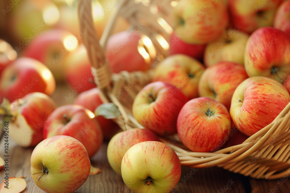 ripe juicy apples in a basket on a wooden table on sunny autumn day ripe juicy apples in a basket on a wooden table on sunny autumn day