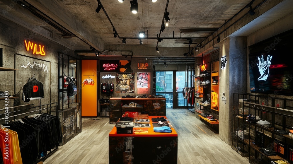 Interior of a Modern Clothing Store with Exposed Concrete and Neon Signs Interior of a Modern Clothing Store with Exposed Concrete and Neon Signs