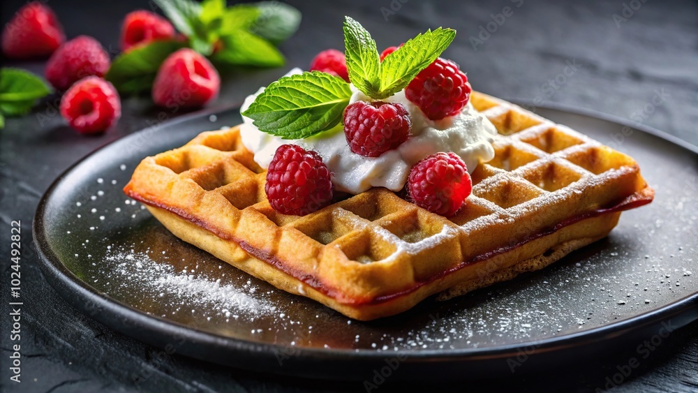 Macro raspberry waffles with whipped cream and mint garnish dessert on black plate Macro raspberry waffles with whipped cream and mint garnish dessert on black plate