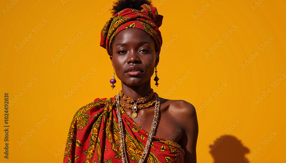 Obraz premium Woman in African attire with vibrant patterns and traditional headdress