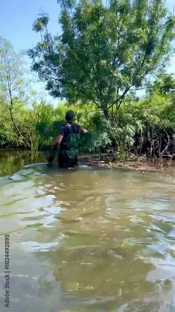 Video of a fisherman submerging net in river during catch-and-release Video of a fisherman submerging net in river during catch-and-release