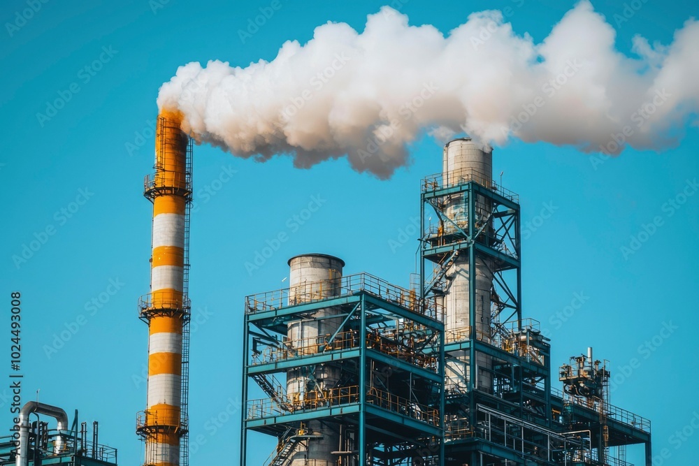 Industrial Smokestacks and Plumes Against a Clear Blue Sky Industrial Smokestacks and Plumes Against a Clear Blue Sky