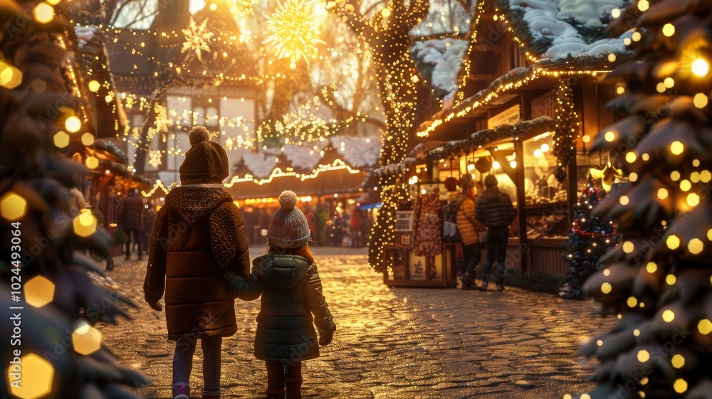 Festive Christmas shopping village scene, two children admire a beautiful and wonderful time at a traditional market, all lit up on a winter night. Festive Christmas shopping village scene, two children admire a beautiful and wonderful time at a traditional market, all lit up on a winter night.