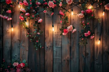 Wooden wall fence decorated with flowers and hanging festive christmas lights, creating a beautiful backdrop for an event or wedding photo shoot.