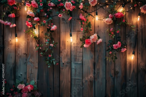 Wooden wall fence decorated with flowers and hanging festive christmas lights, creating a beautiful backdrop for an event or wedding photo shoot. photo