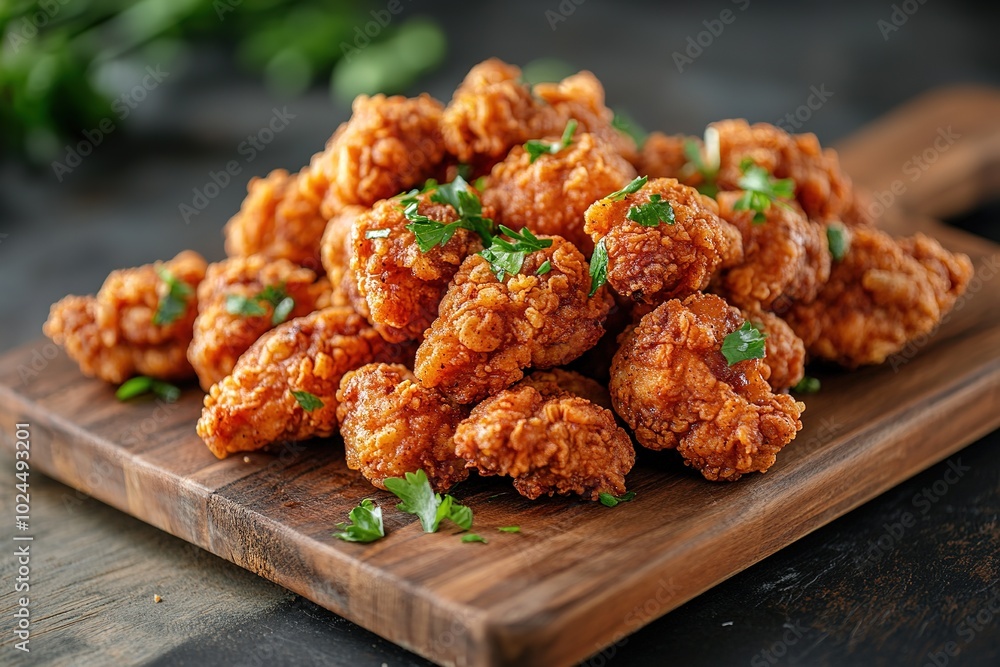 Tasty Crispy Fried Chicken Placed on a Wooden Cutting Board for Serving Tasty Crispy Fried Chicken Placed on a Wooden Cutting Board for Serving