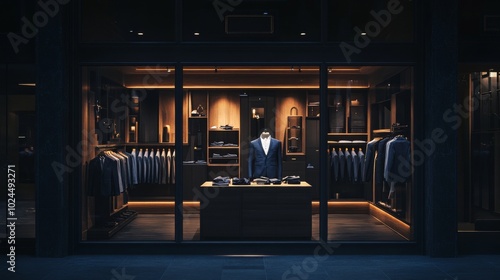 Nighttime View of a Modern Men's Clothing Store Window Display