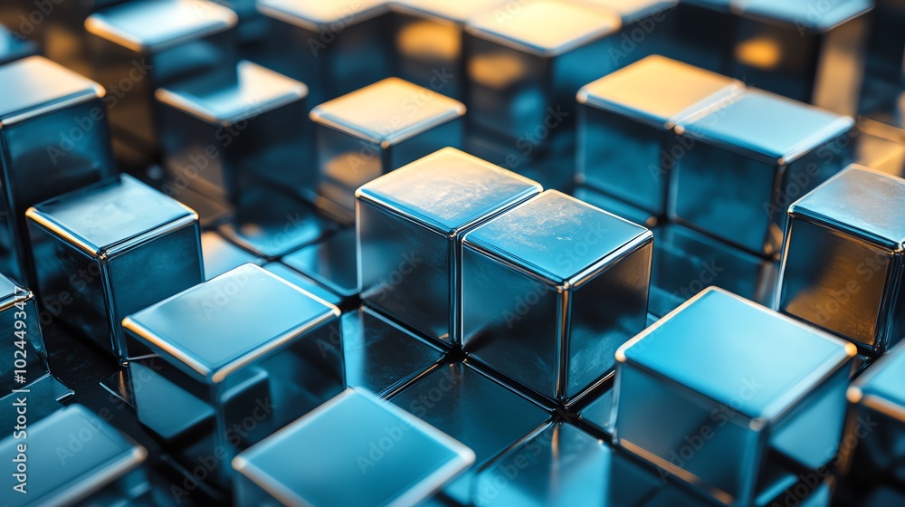 A close-up shot of a metallic blue and chrome cube pattern. A close-up shot of a metallic blue and chrome cube pattern.