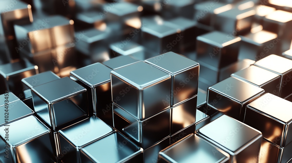 A close up of a group of shiny, metallic cubes. A close up of a group of shiny, metallic cubes.