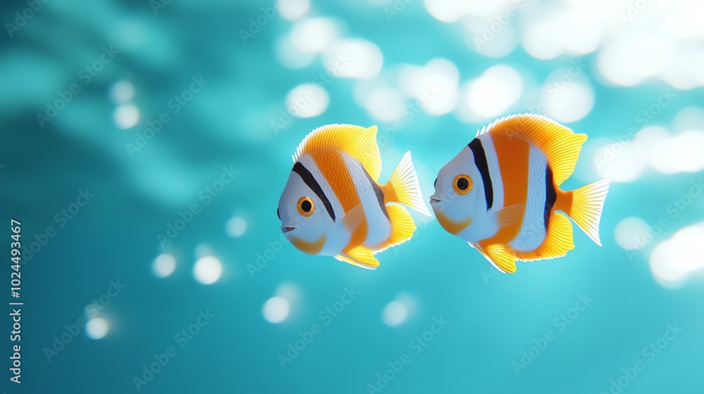 Fototapeta premium Two colorful fish swimming in clear blue water.