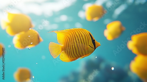 A yellow fish swims in a school of fish in the ocean.