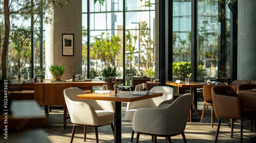 Modern Restaurant Interior with Wooden Tables and Chairs
