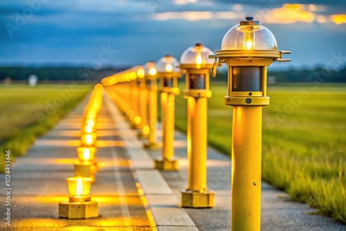 Macro Runway landing lights from the ground on yellow poles photo